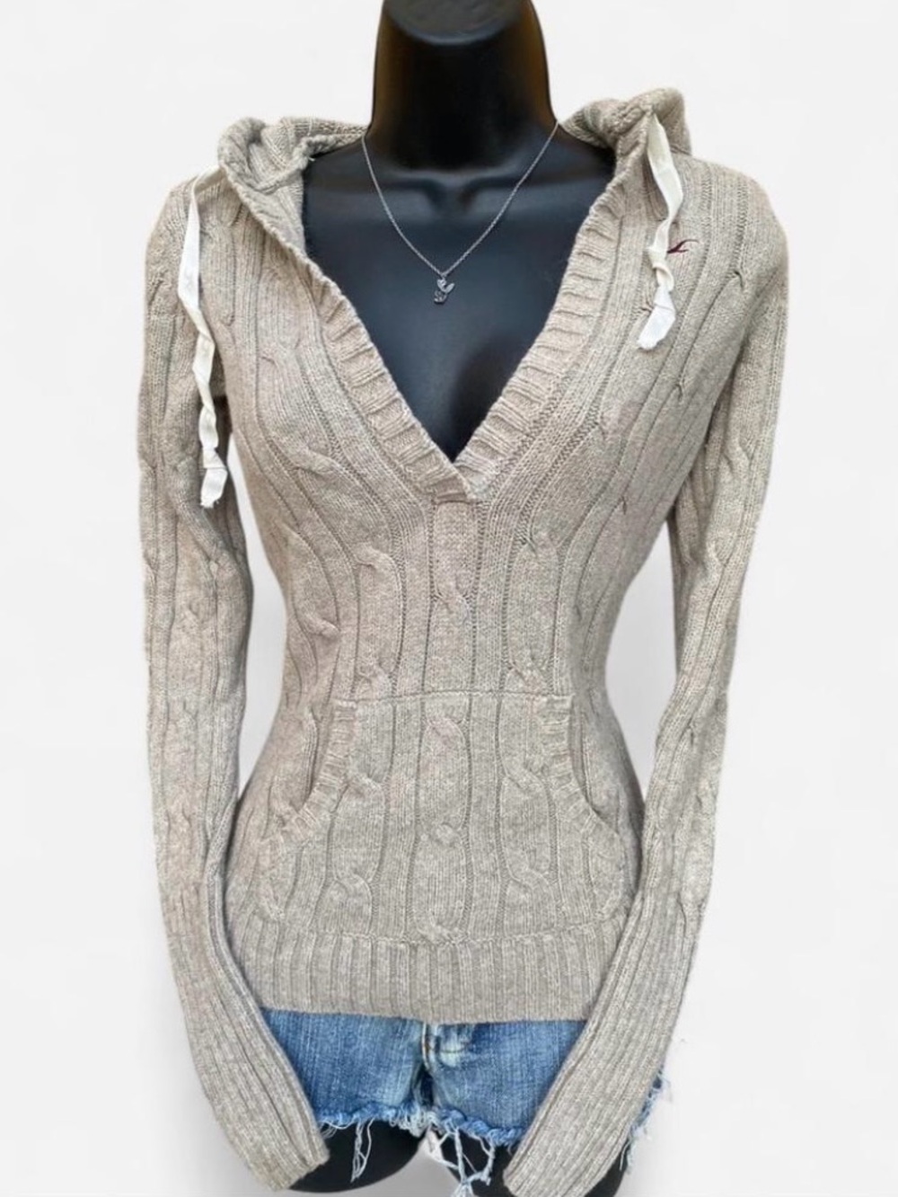 Y2k Hollister Tan Cable Knit Hooded Sweater - Picture 1 of 5